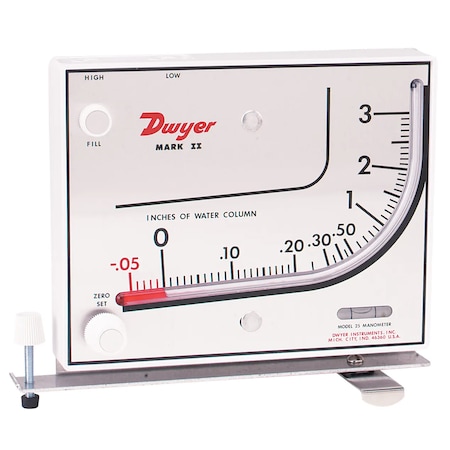 Dwyer Instruments Molded plastic manometer, range 0-3inwc, red fluid, .826 sp. gr., with NIST Calibration certificate MARK II 25-NIST